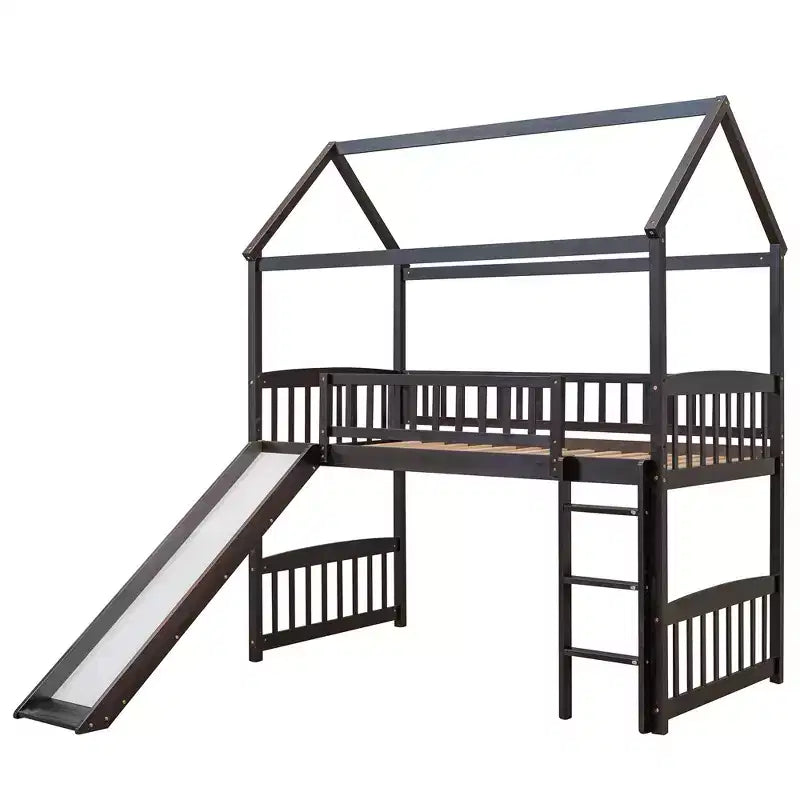 Twin House Loft Bed with Slide, Wood Playhouse Loft Bed Frame with Ladder and Roof