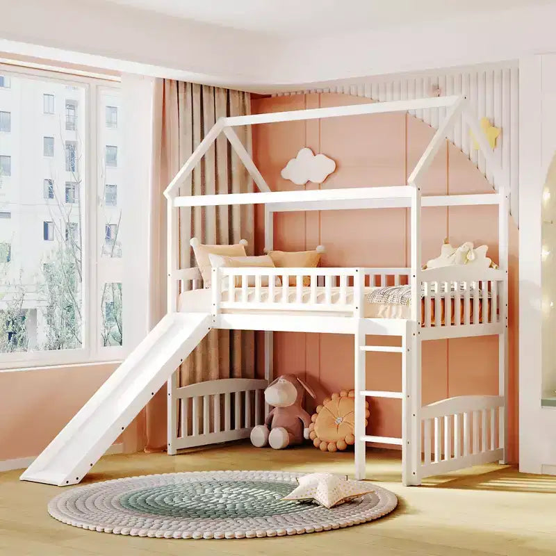 Twin House Loft Bed with Slide, Wood Playhouse Loft Bed Frame with Ladder and Roof