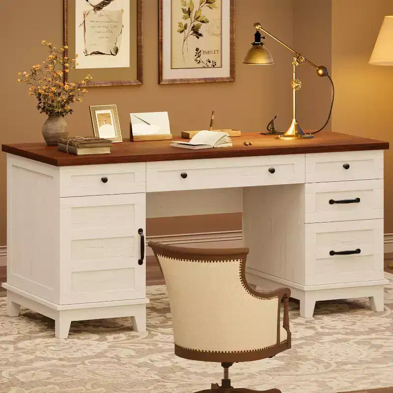 Garvee Executive Desk with Drawers, Farmhouse Home Office Desk with Charging Station, 60 Wooden Computer Writing Desk with File Cabinet Storage