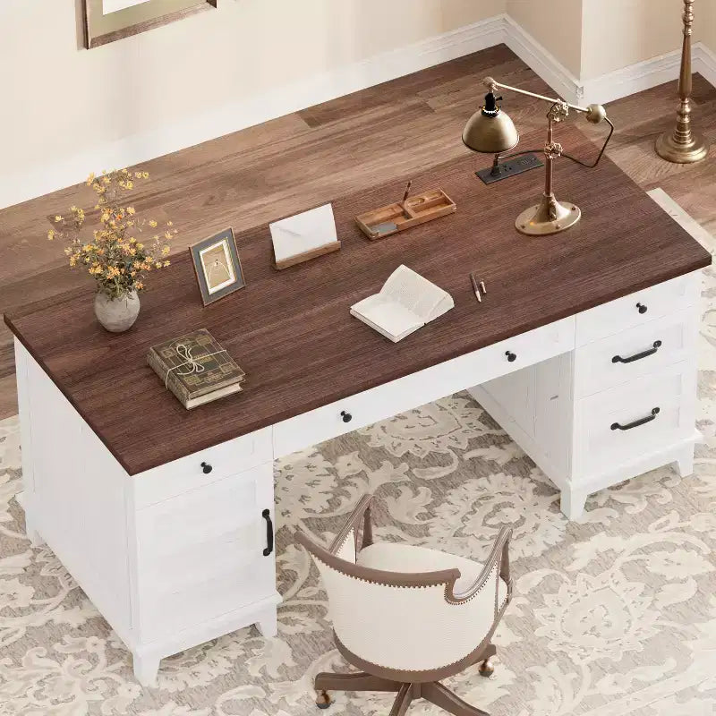 Garvee Executive Desk with Drawers, Farmhouse Home Office Desk with Charging Station, 60 Wooden Computer Writing Desk with File Cabinet Storage