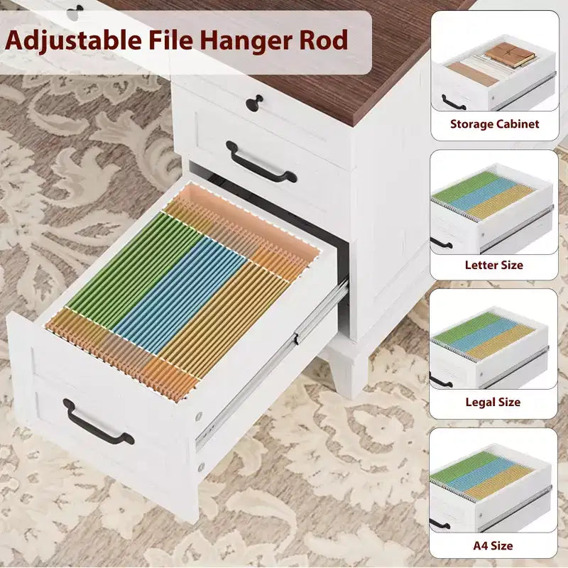Garvee Executive Desk with Drawers, Farmhouse Home Office Desk with Charging Station, 60 Wooden Computer Writing Desk with File Cabinet Storage
