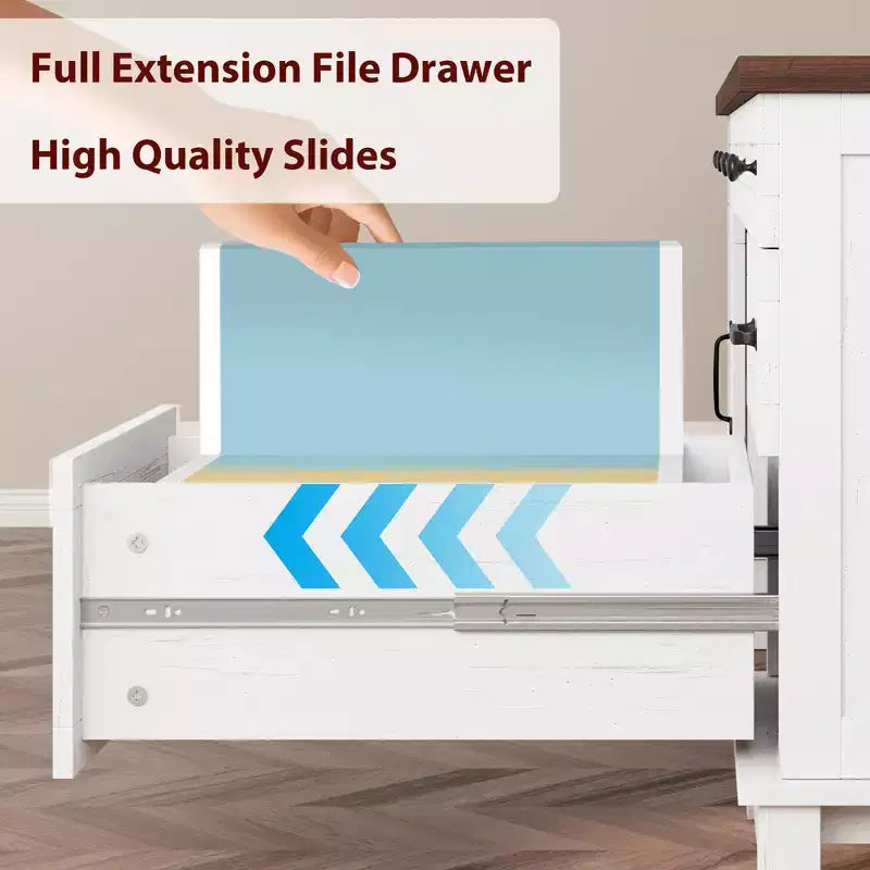 Garvee Executive Desk with Drawers, Farmhouse Home Office Desk with Charging Station, 60 Wooden Computer Writing Desk with File Cabinet Storage