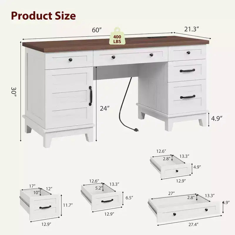 Garvee Executive Desk with Drawers, Farmhouse Home Office Desk with Charging Station, 60 Wooden Computer Writing Desk with File Cabinet Storage