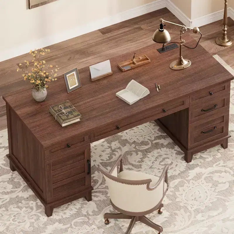 Garvee Executive Desk with Drawers, Farmhouse Home Office Desk with Charging Station, 60 Wooden Computer Writing Desk with File Cabinet Storage