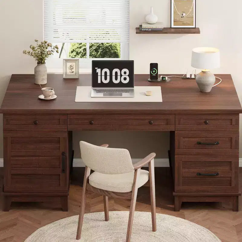 Garvee Executive Desk with Drawers, Farmhouse Home Office Desk with Charging Station, 60 Wooden Computer Writing Desk with File Cabinet Storage