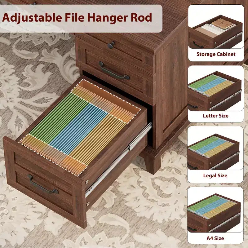 Garvee Executive Desk with Drawers, Farmhouse Home Office Desk with Charging Station, 60 Wooden Computer Writing Desk with File Cabinet Storage