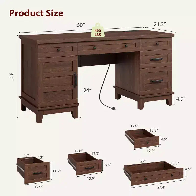 Garvee Executive Desk with Drawers, Farmhouse Home Office Desk with Charging Station, 60 Wooden Computer Writing Desk with File Cabinet Storage