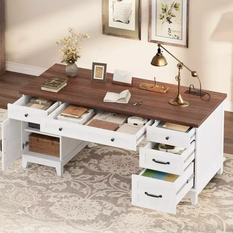 Garvee Executive Desk with Drawers, Farmhouse Home Office Desk with Charging Station, 60 Wooden Computer Writing Desk with File Cabinet Storage