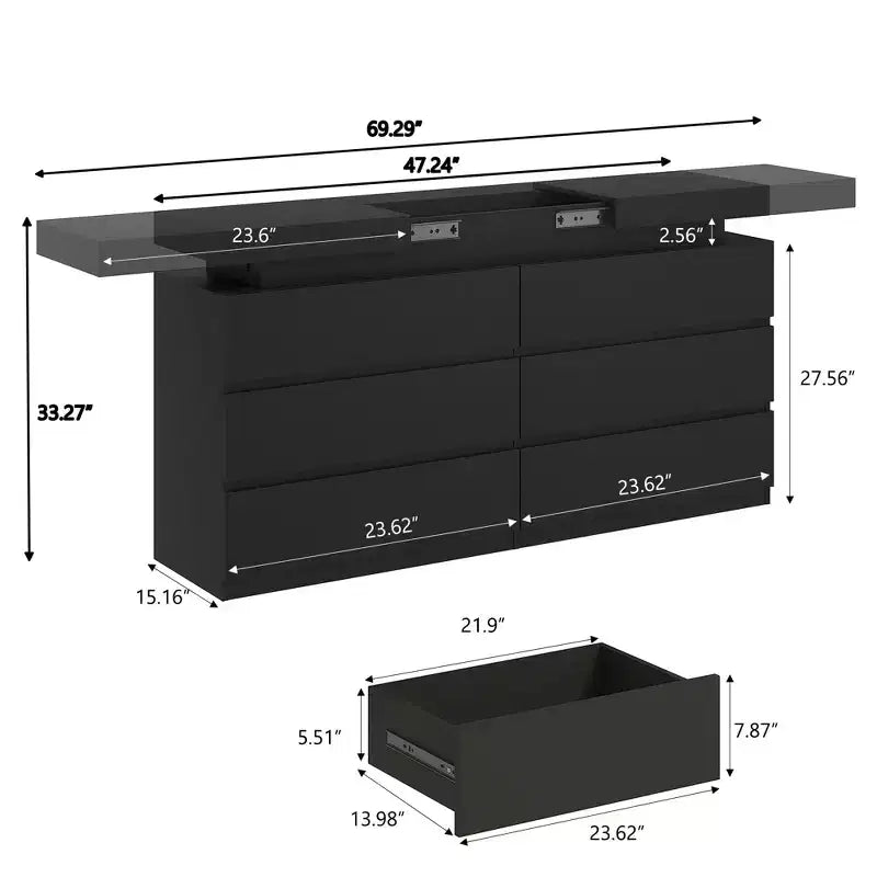 Dyonery Modern 6-Drawer Dressing Table with Sliding Top, Featuring Drawers, Organizer for Bedroom, Closet, and Living Room