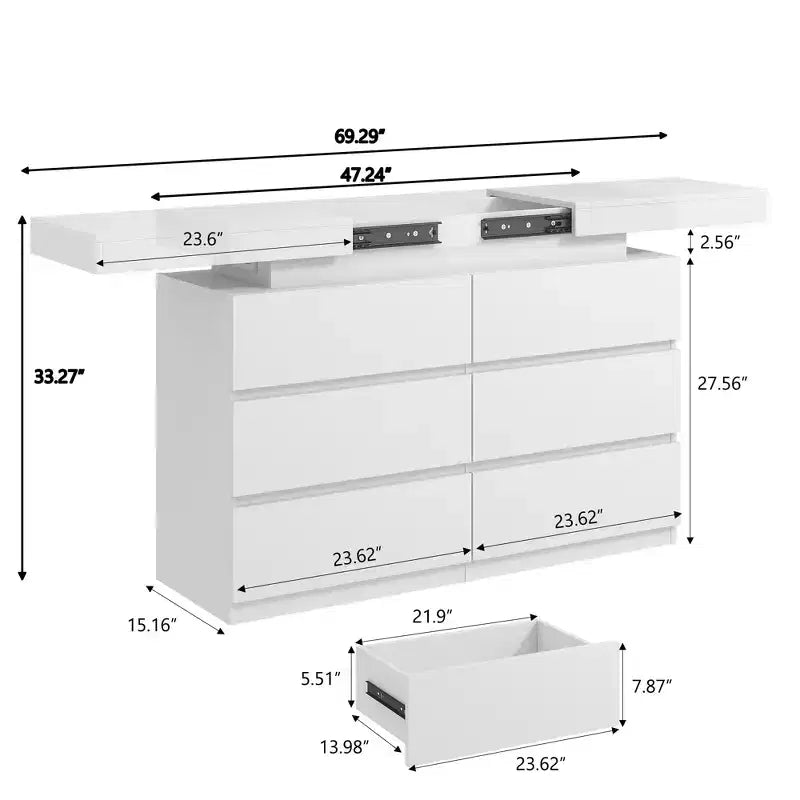 Dyonery Modern 6-Drawer Dressing Table with Sliding Top, Featuring Drawers, Organizer for Bedroom, Closet, and Living Room