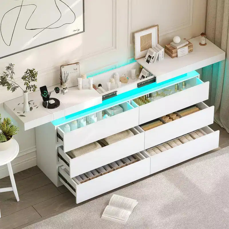 Dyonery Moderner Schminktisch mit 6 Schubladen und verschiebbarer Platte, inklusive Schubladen und Organizer für Schlafzimmer, Ankleidezimmer und Wohnzimmer