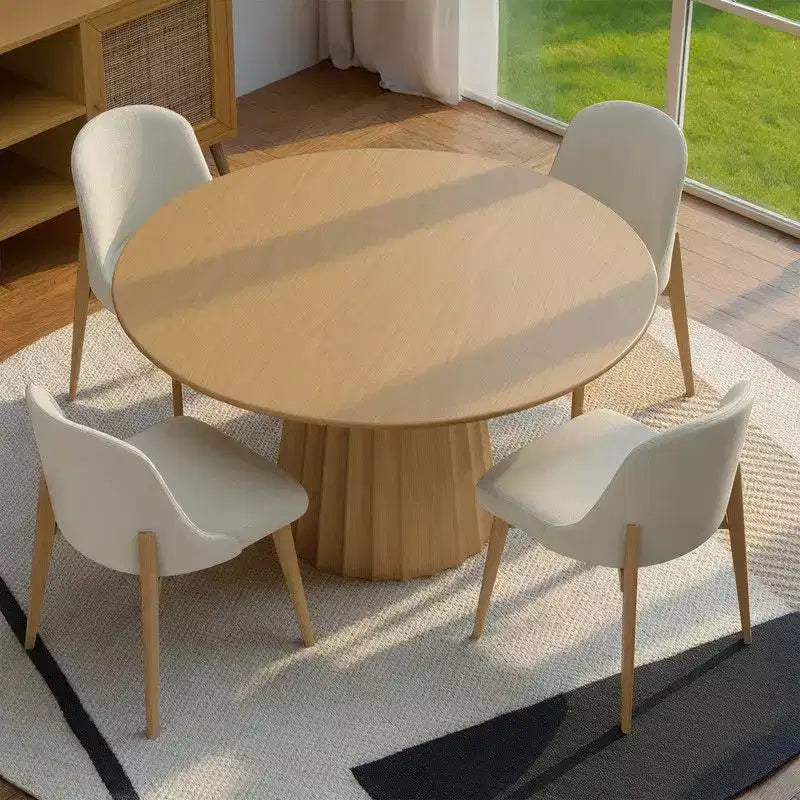 PexFix 46 Modern Round Dining Table Set with 8 Upholstered Chairs Natural Textured Wood Top Pleated Pedestal Base Beige Seats for Kitchen Dining Room