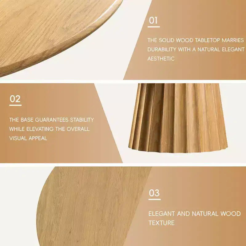 PexFix 46 Modern Round Dining Table Set with 8 Upholstered Chairs Natural Textured Wood Top Pleated Pedestal Base Beige Seats for Kitchen Dining Room