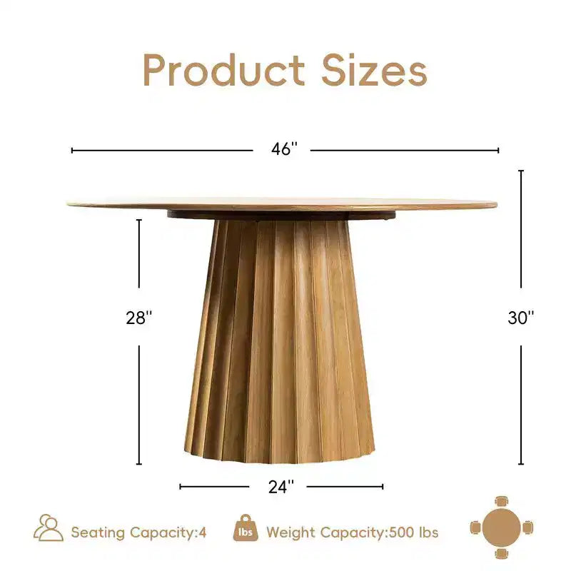 PexFix 46 Modern Round Dining Table Set with 8 Upholstered Chairs Natural Textured Wood Top Pleated Pedestal Base Beige Seats for Kitchen Dining Room