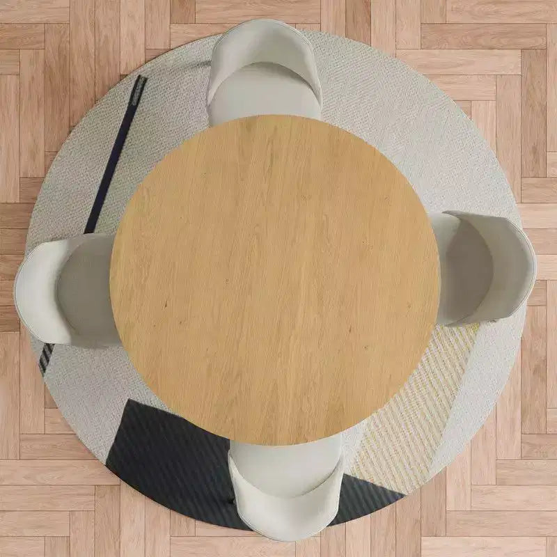 PexFix 46 Modern Round Dining Table Set with 8 Upholstered Chairs Natural Textured Wood Top Pleated Pedestal Base Beige Seats for Kitchen Dining Room