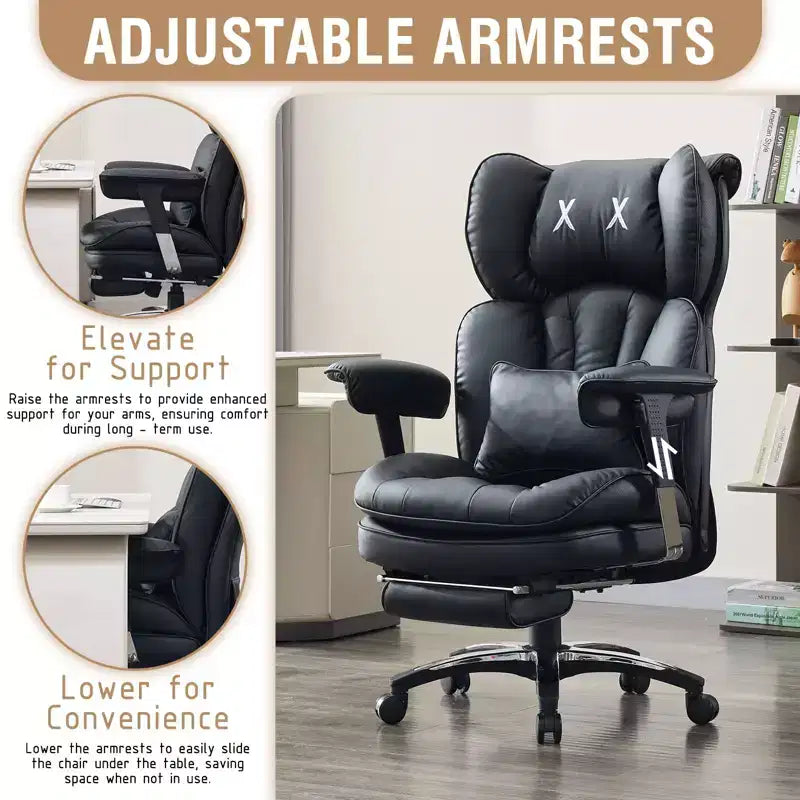 Big and Tall Office Chair with Footrest - Efomao High Back Executive Desk Chair with Wide Seat, Adjustable Armrests, Ergonomic Computer Chair, Black