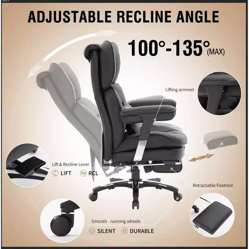 Big and Tall Office Chair with Footrest - Efomao High Back Executive Desk Chair with Wide Seat, Adjustable Armrests, Ergonomic Computer Chair, Black