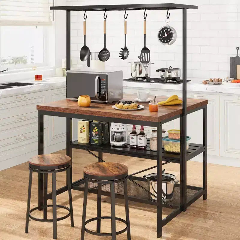 Coolmee 42/47 inch Kitchen Island with Storage & Seating - 3-Tier Bakers Rack, Microwave Stand, Dining Table for 4, 5 Hooks & 50lb Capacity