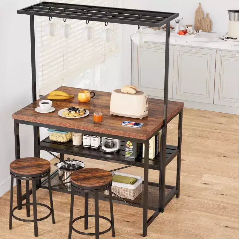 Coolmee 42/47 inch Kitchen Island with Storage & Seating - 3-Tier Bakers Rack, Microwave Stand, Dining Table for 4, 5 Hooks & 50lb Capacity