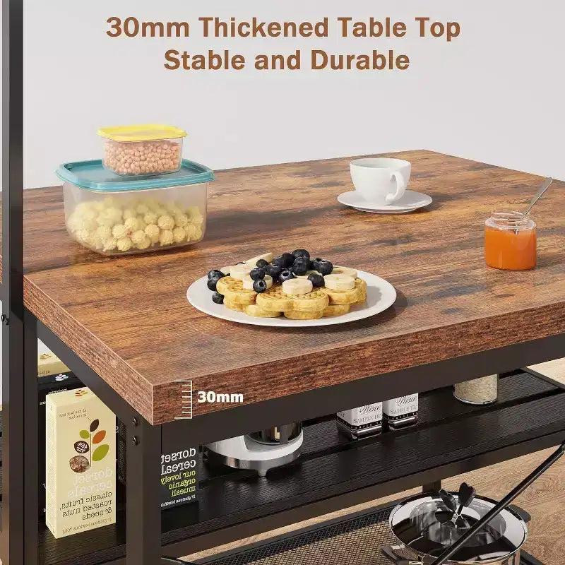 Coolmee 42/47 inch Kitchen Island with Storage & Seating - 3-Tier Bakers Rack, Microwave Stand, Dining Table for 4, 5 Hooks & 50lb Capacity