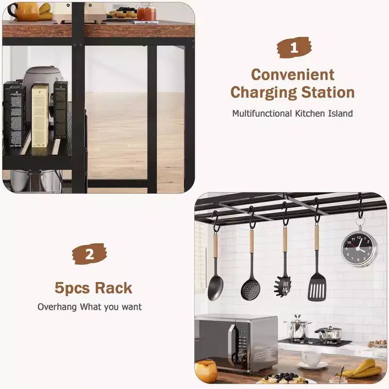 Coolmee 42/47 inch Kitchen Island with Storage & Seating - 3-Tier Bakers Rack, Microwave Stand, Dining Table for 4, 5 Hooks & 50lb Capacity