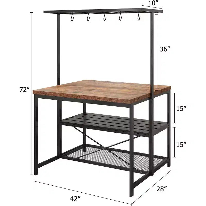 Coolmee 42/47 inch Kitchen Island with Storage & Seating - 3-Tier Bakers Rack, Microwave Stand, Dining Table for 4, 5 Hooks & 50lb Capacity