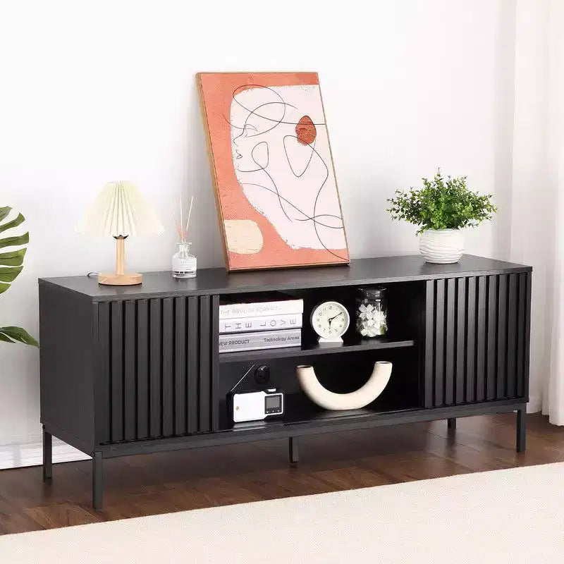 Black TV Stand for 32-65 Inch TV, Modern Entertainment Center with Storage Cabinets, TV Console Table for Living Room