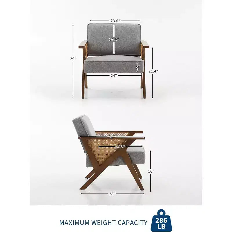 Mid-Century Rattan Lounge Chair, Linen Upholstered Vintage Armchair with So-Lid Wood Frame for Living Room/Bedroom, 286LB Capacity, Beige/Gray(1 PCS)