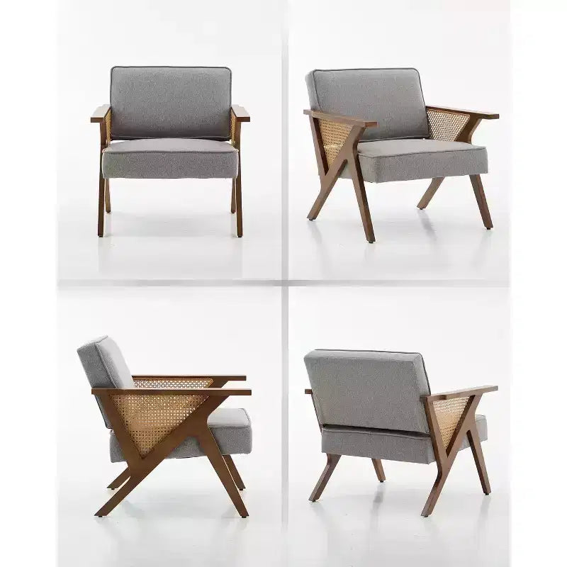 Mid-Century Rattan Lounge Chair, Linen Upholstered Vintage Armchair with So-Lid Wood Frame for Living Room/Bedroom, 286LB Capacity, Beige/Gray(1 PCS)