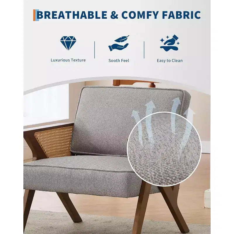 Mid-Century Rattan Lounge Chair, Linen Upholstered Vintage Armchair with So-Lid Wood Frame for Living Room/Bedroom, 286LB Capacity, Beige/Gray(1 PCS)