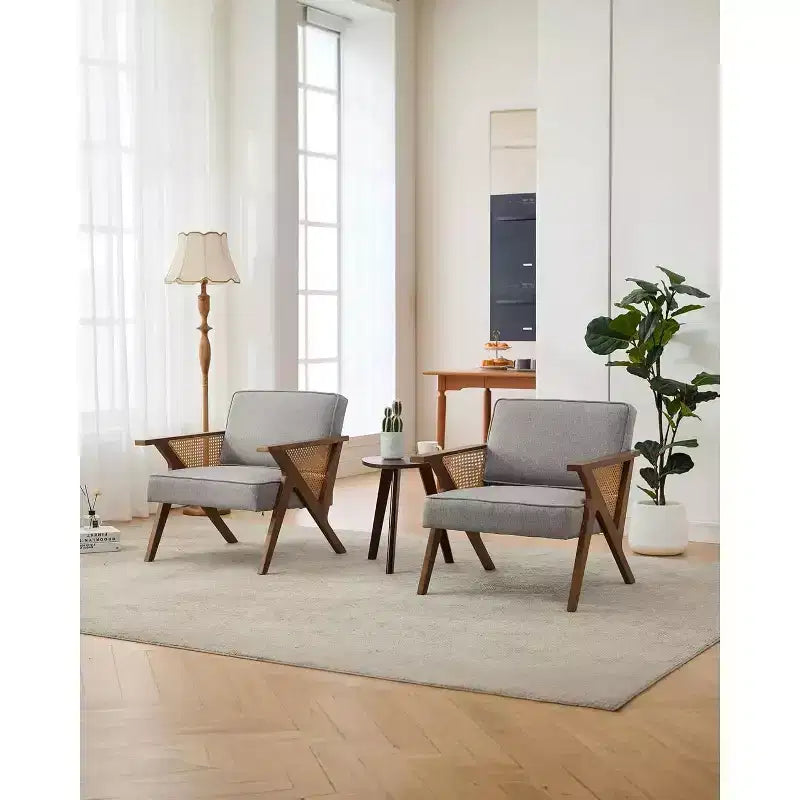 Mid-Century Rattan Lounge Chair, Linen Upholstered Vintage Armchair with So-Lid Wood Frame for Living Room/Bedroom, 286LB Capacity, Beige/Gray(1 PCS)