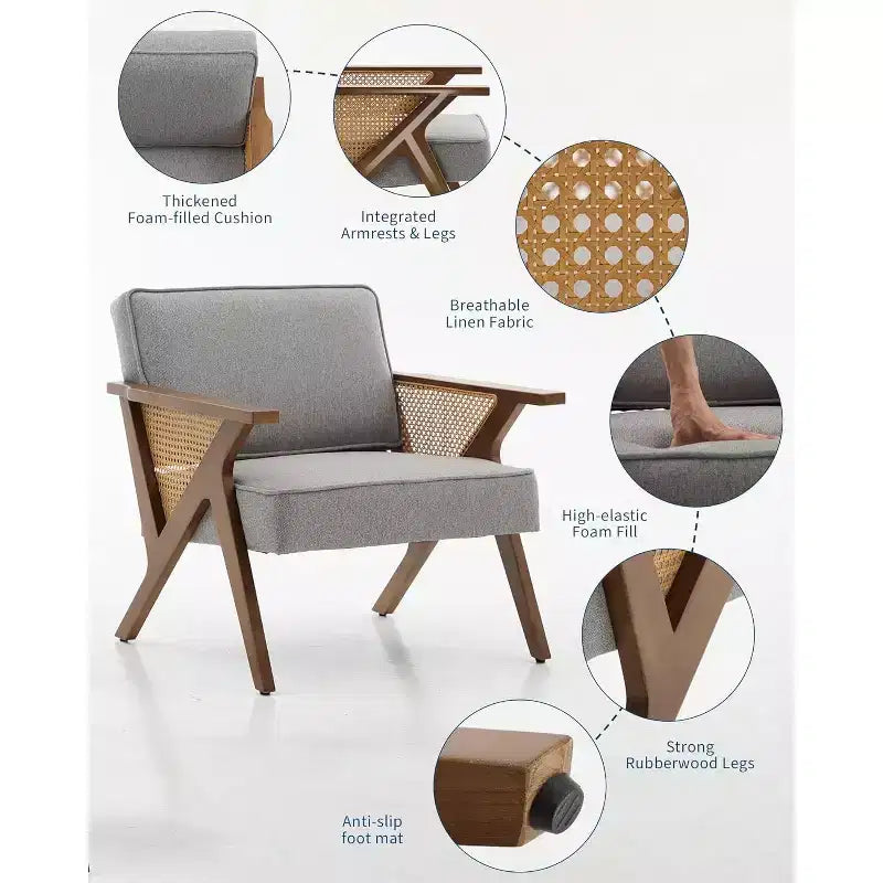 Mid-Century Rattan Lounge Chair, Linen Upholstered Vintage Armchair with So-Lid Wood Frame for Living Room/Bedroom, 286LB Capacity, Beige/Gray(1 PCS)