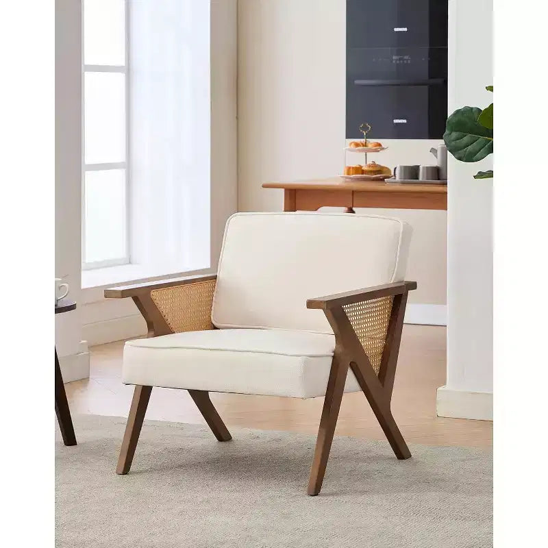Mid-Century Rattan Lounge Chair, Linen Upholstered Vintage Armchair with So-Lid Wood Frame for Living Room/Bedroom, 286LB Capacity, Beige/Gray(1 PCS)
