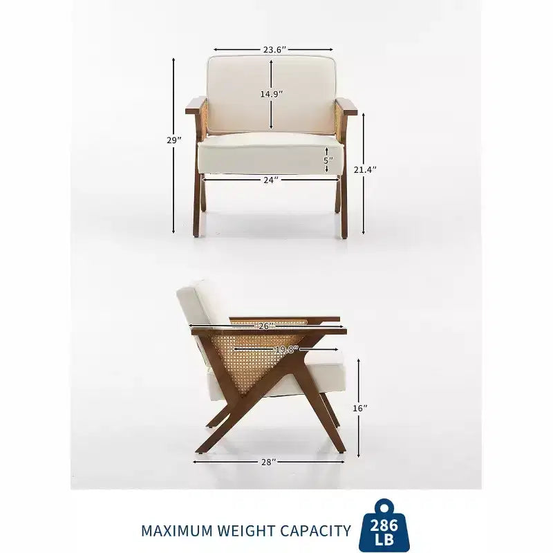 Mid-Century Rattan Lounge Chair, Linen Upholstered Vintage Armchair with So-Lid Wood Frame for Living Room/Bedroom, 286LB Capacity, Beige/Gray(1 PCS)