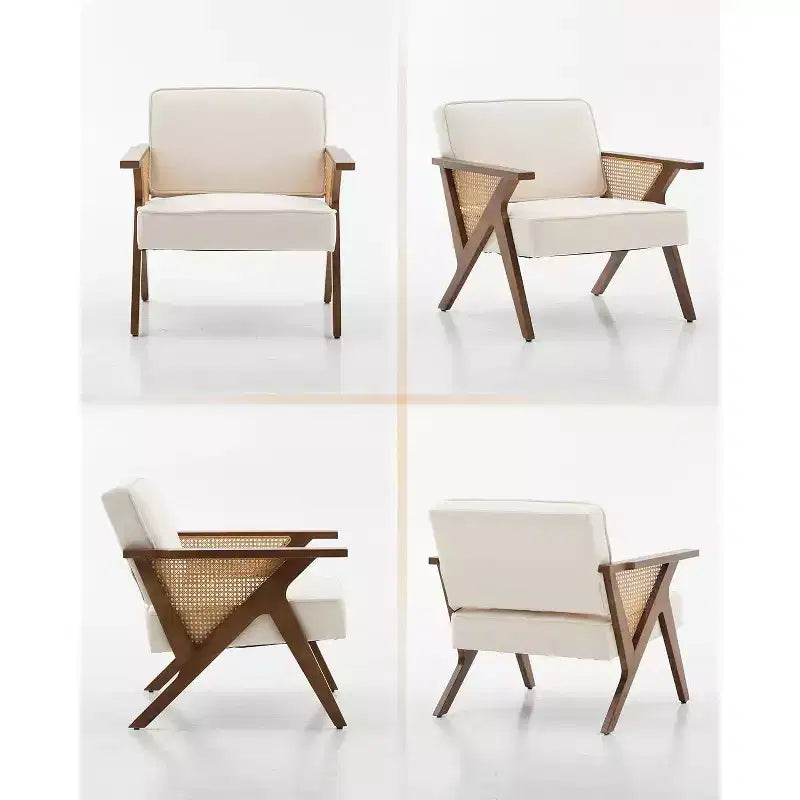 Mid-Century Rattan Lounge Chair, Linen Upholstered Vintage Armchair with So-Lid Wood Frame for Living Room/Bedroom, 286LB Capacity, Beige/Gray(1 PCS)