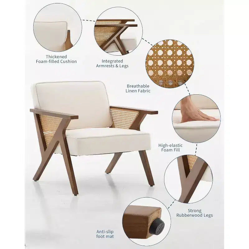 Mid-Century Rattan Lounge Chair, Linen Upholstered Vintage Armchair with So-Lid Wood Frame for Living Room/Bedroom, 286LB Capacity, Beige/Gray(1 PCS)