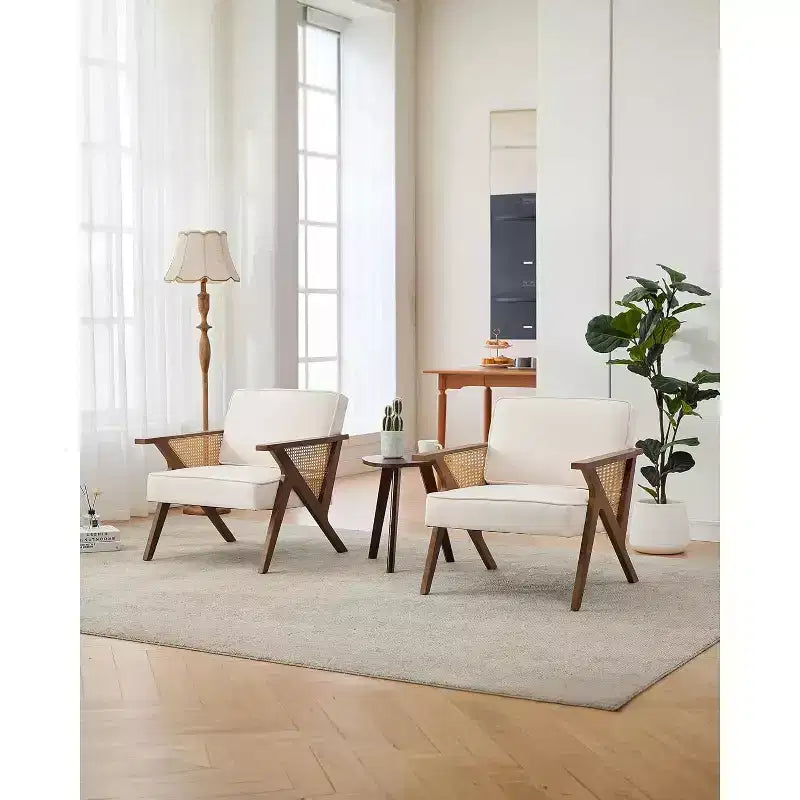 Mid-Century Rattan Lounge Chair, Linen Upholstered Vintage Armchair with So-Lid Wood Frame for Living Room/Bedroom, 286LB Capacity, Beige/Gray(1 PCS)
