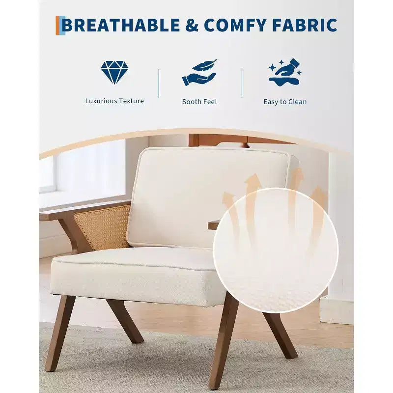 Mid-Century Rattan Lounge Chair, Linen Upholstered Vintage Armchair with So-Lid Wood Frame for Living Room/Bedroom, 286LB Capacity, Beige/Gray(1 PCS)