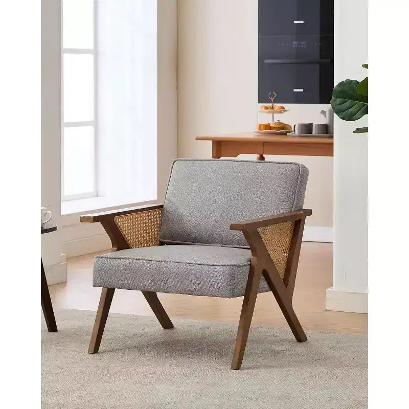 Mid-Century Rattan Lounge Chair, Linen Upholstered Vintage Armchair with So-Lid Wood Frame for Living Room/Bedroom, 286LB Capacity, Beige/Gray(1 PCS)