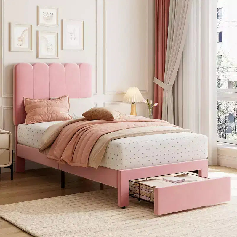 2 Sets Twin Bed Frame with Under-Bed Drawer, Velvet Upholstered Platform Bed with Wave Headboard,No Box Spring Needed