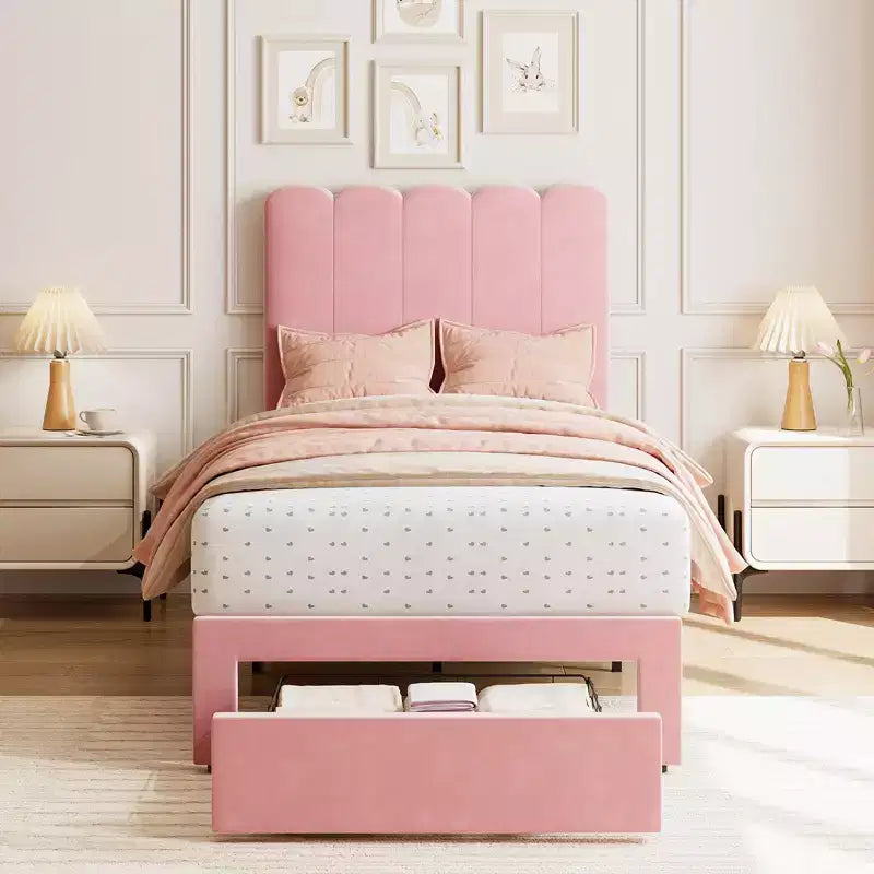 2 Sets Twin Bed Frame with Under-Bed Drawer, Velvet Upholstered Platform Bed with Wave Headboard,No Box Spring Needed