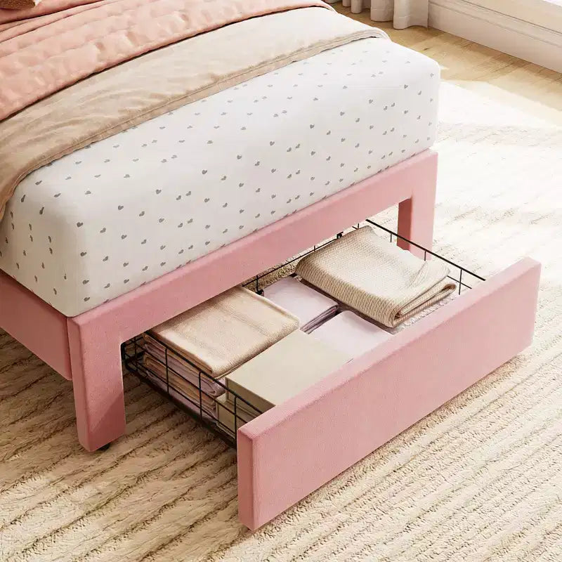 2 Sets Twin Bed Frame with Under-Bed Drawer, Velvet Upholstered Platform Bed with Wave Headboard,No Box Spring Needed