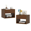 Sandinrayli Nightstands Set of 2, Night Stand with Drawer, Floating Nightstand with Open Storage Shelf, Wall Mounted Wood Bedside Tables, Brown Walnut