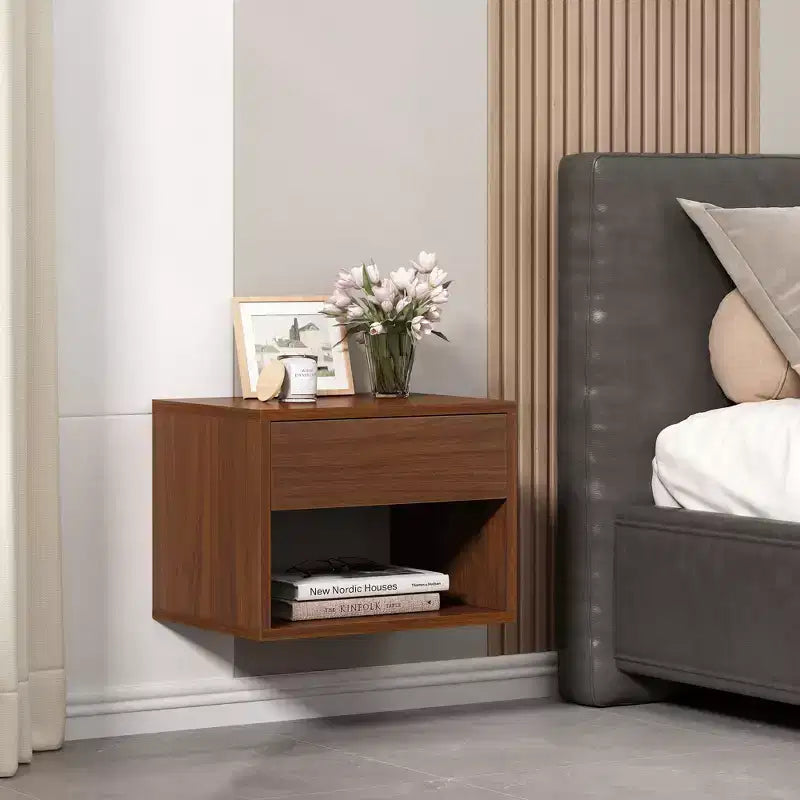 Sandinrayli Nightstands Set of 2, Night Stand with Drawer, Floating Nightstand with Open Storage Shelf, Wall Mounted Wood Bedside Tables, Brown Walnut