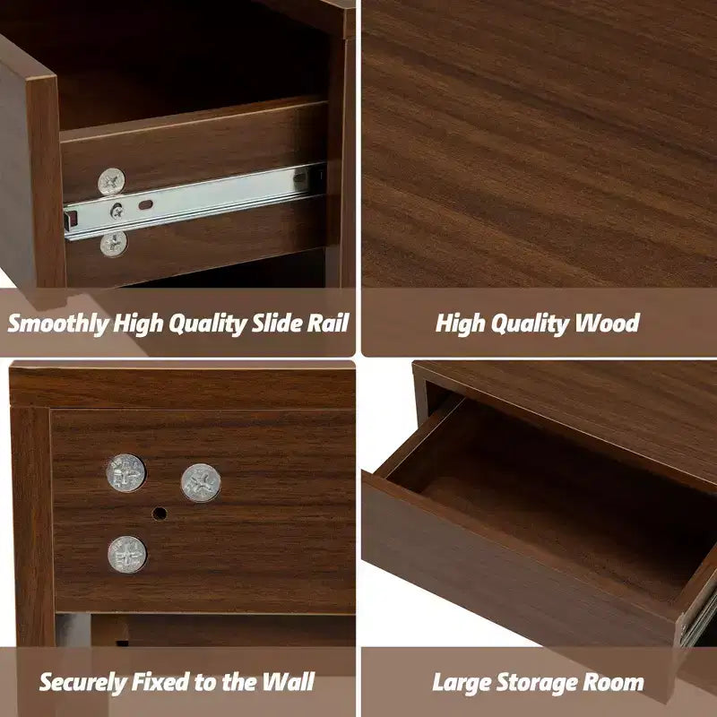 Sandinrayli Nightstands Set of 2, Night Stand with Drawer, Floating Nightstand with Open Storage Shelf, Wall Mounted Wood Bedside Tables, Brown Walnut