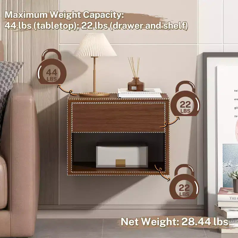 Sandinrayli Nightstands Set of 2, Night Stand with Drawer, Floating Nightstand with Open Storage Shelf, Wall Mounted Wood Bedside Tables, Brown Walnut