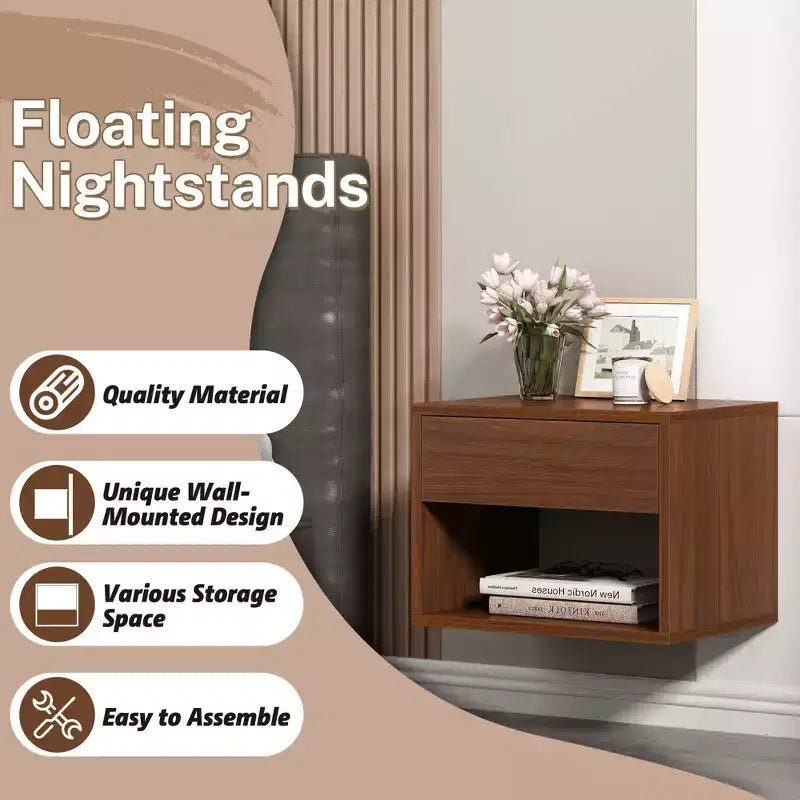 Sandinrayli Nightstands Set of 2, Night Stand with Drawer, Floating Nightstand with Open Storage Shelf, Wall Mounted Wood Bedside Tables, Brown Walnut