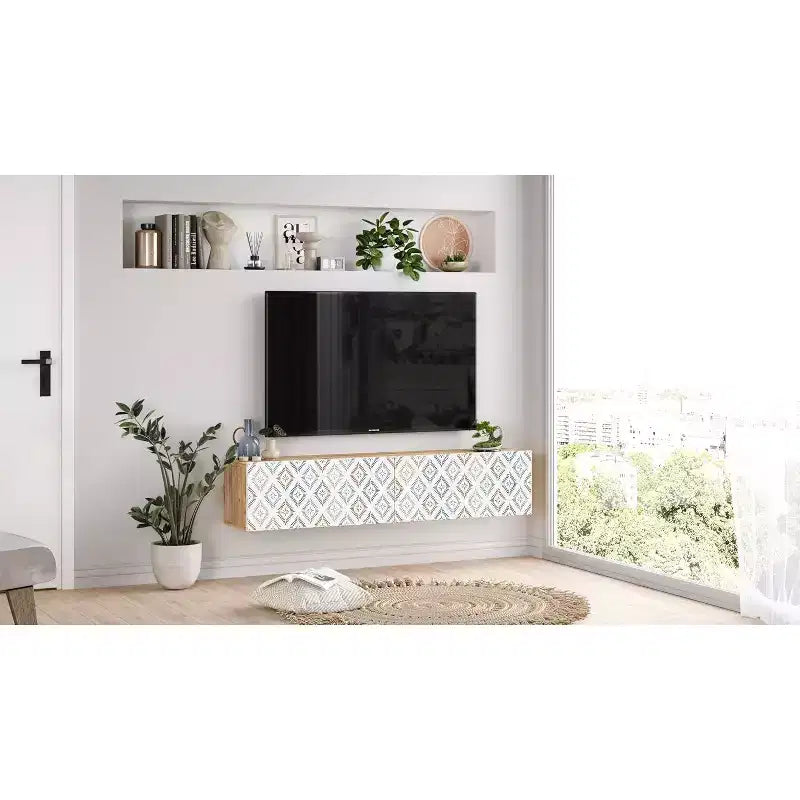 HomeStock TV Unit Entertainment Center Console with Storage Shelves & Doors