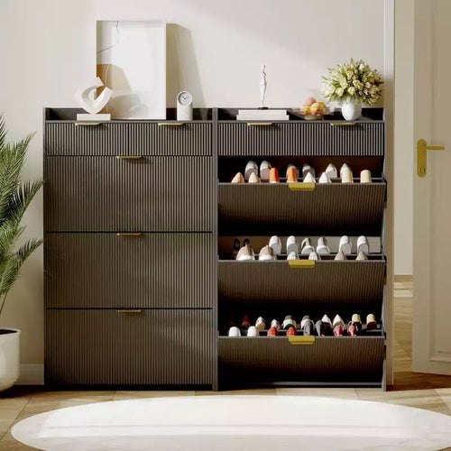 31.5" Fluted Slim Shoe Storage Cabinet for Entryway with 2 Drawers and Adjustable Shelf