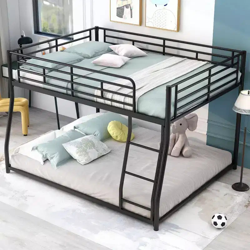 Metal Bunk Bed Twin XL over Queen Size with Ladder and High Guardrail, Heavy Duty Full Size Bunk Bed Frame for Kids Teens Adults